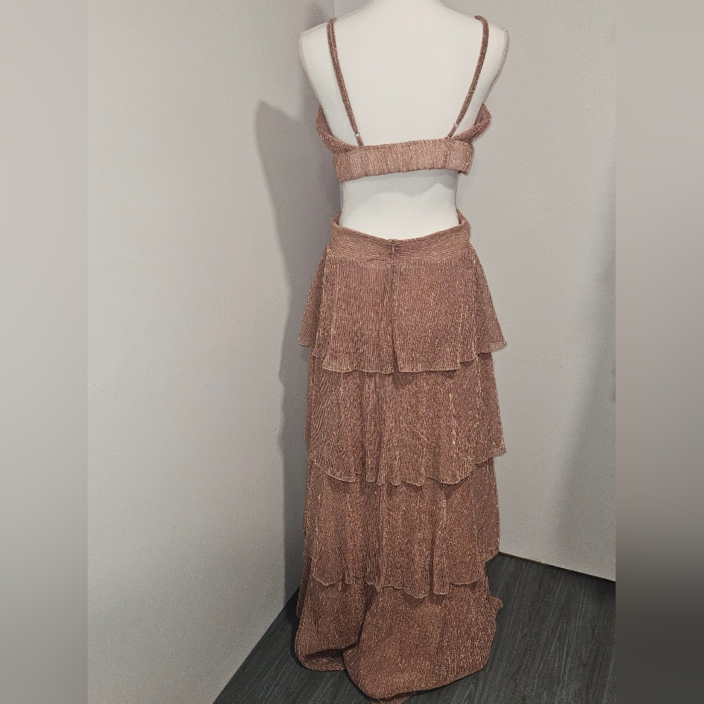 Line & Dot Elegant Shimmer Brown Backless Tiered Party Maxi Dress Womens Size M - Picture 5 of 10